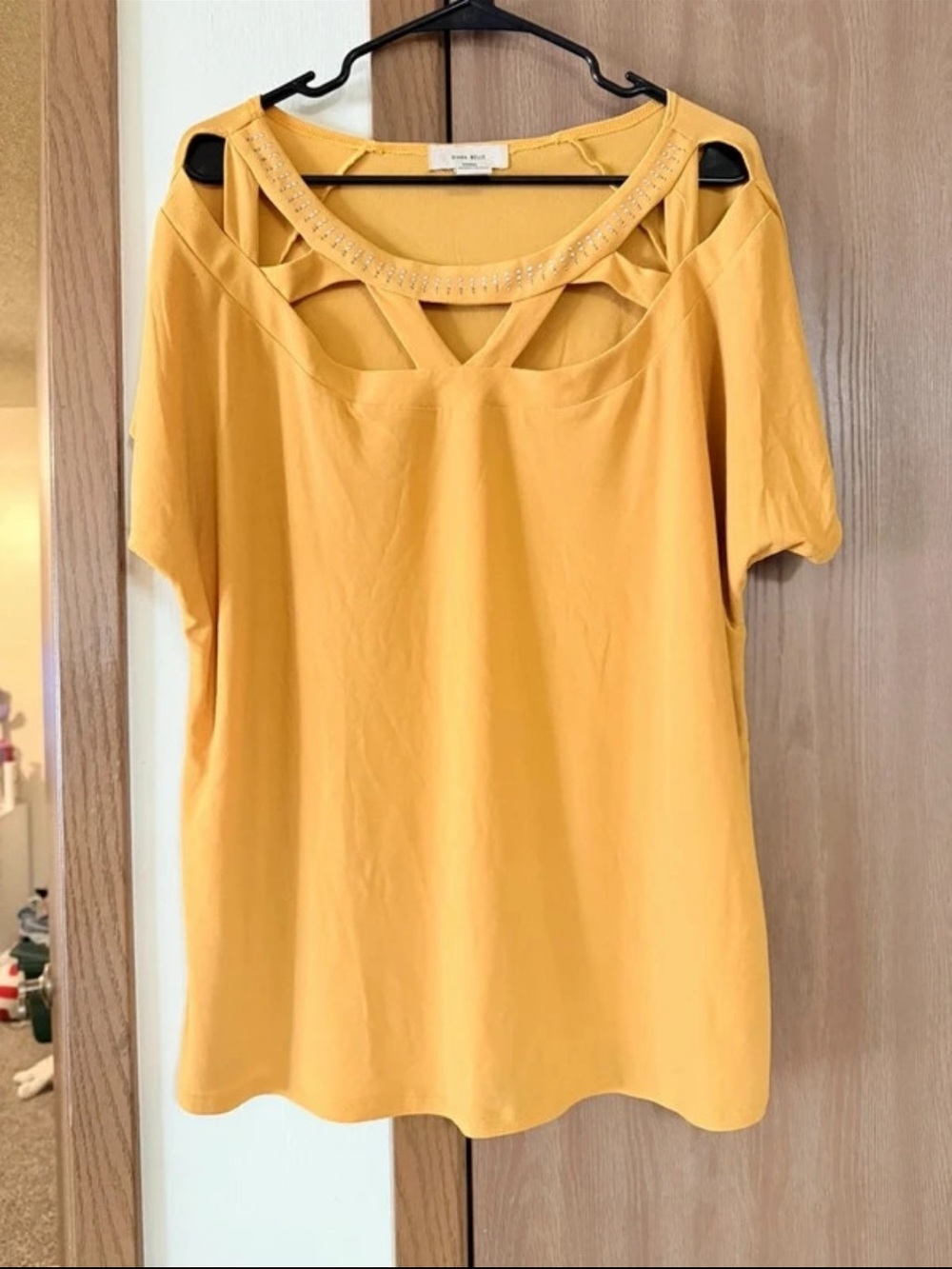 Cutout Neck Mustard Yellow Blouse with Embellished Scoop